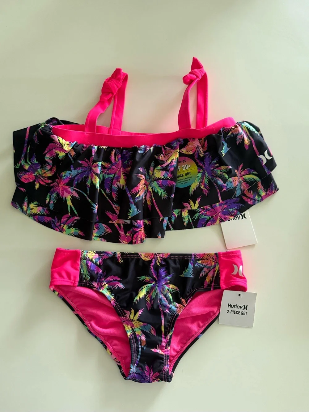 Hurley Big Girls' Pink Tropical Ruffle Two-Piece Swimsuit